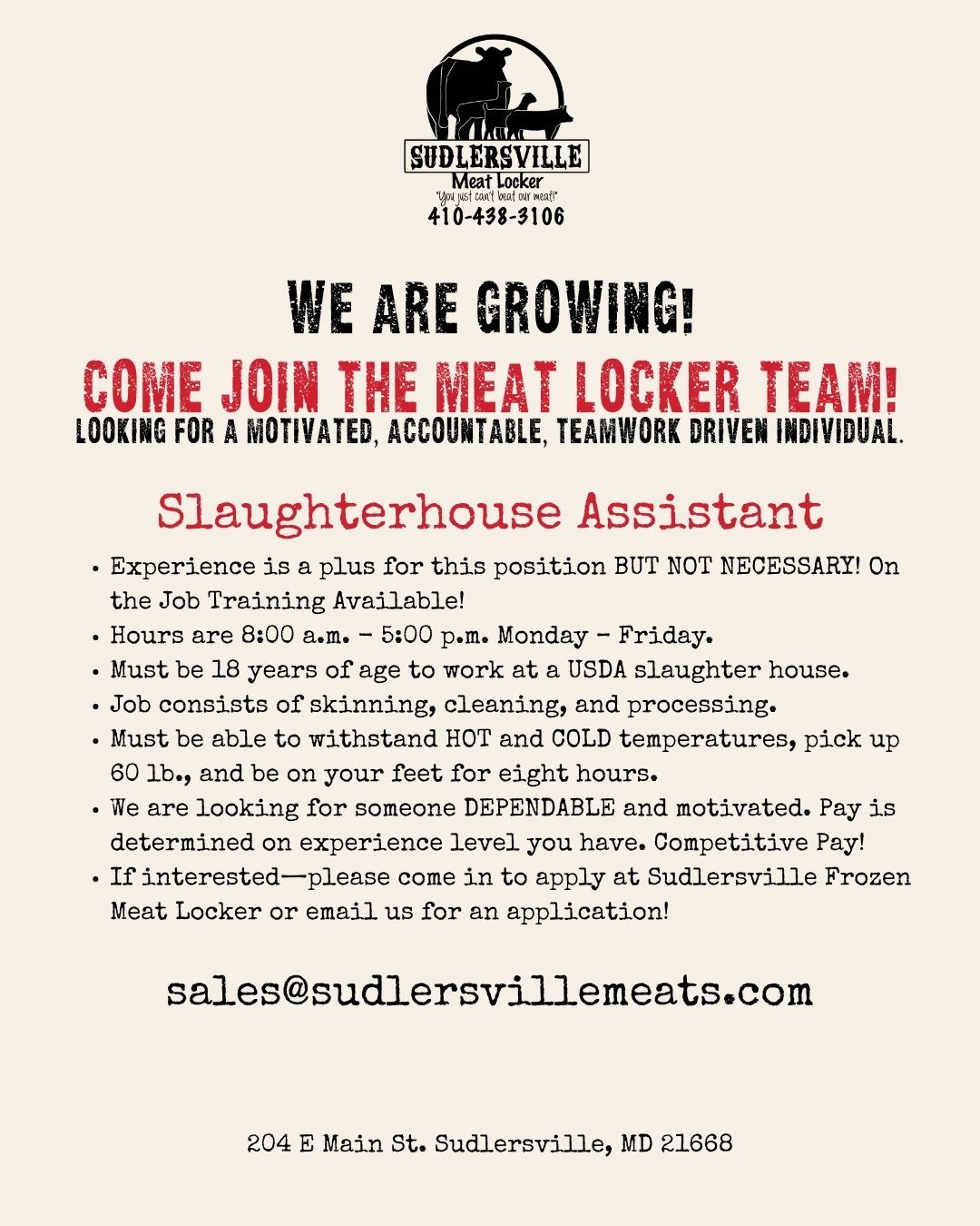 Now hiring: Slaughterhouse Assistant at Sudlersville Meat Locker — apply in person or email sales@sudlersvillemeats.com
